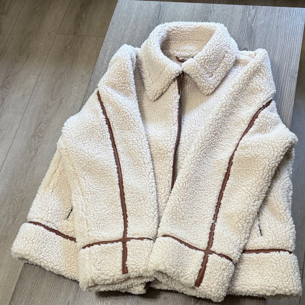 BearPaw Cream Teddy Jacket with Brown Trim